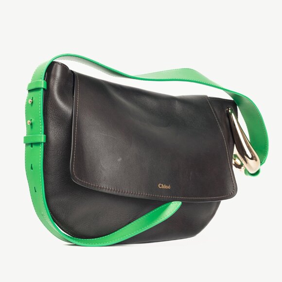Chloe Kiss Off Brown Leather Green-Strap Shoulder Bag - Picture 3 of 12